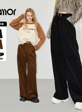 Jamor灯芯绒休闲裤显瘦长裤子阔腿保暖冬季新款女装时尚加墨