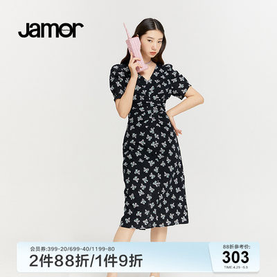 Jamor黑色v领连衣裙女装夏季新款收腰赫本风法式裙子加末