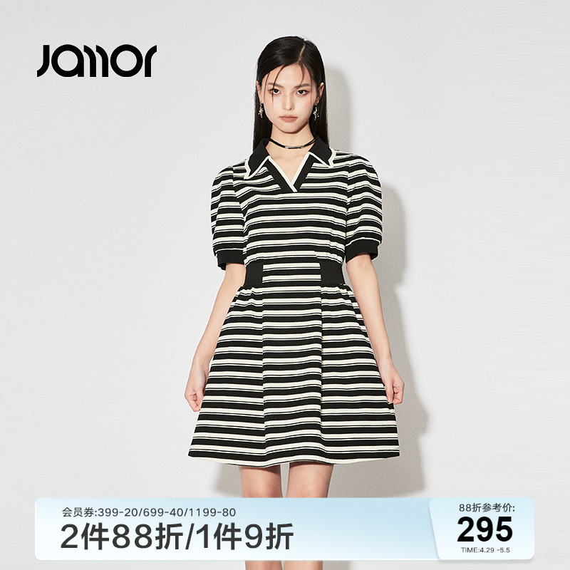 Jamor黑白条纹连衣裙女2024春夏新款时尚收腰设计感辣妹裙子加末-封面