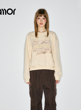 Jamor加墨时尚圆领卫衣T恤上衣2025秋冬新款宽松休闲图案