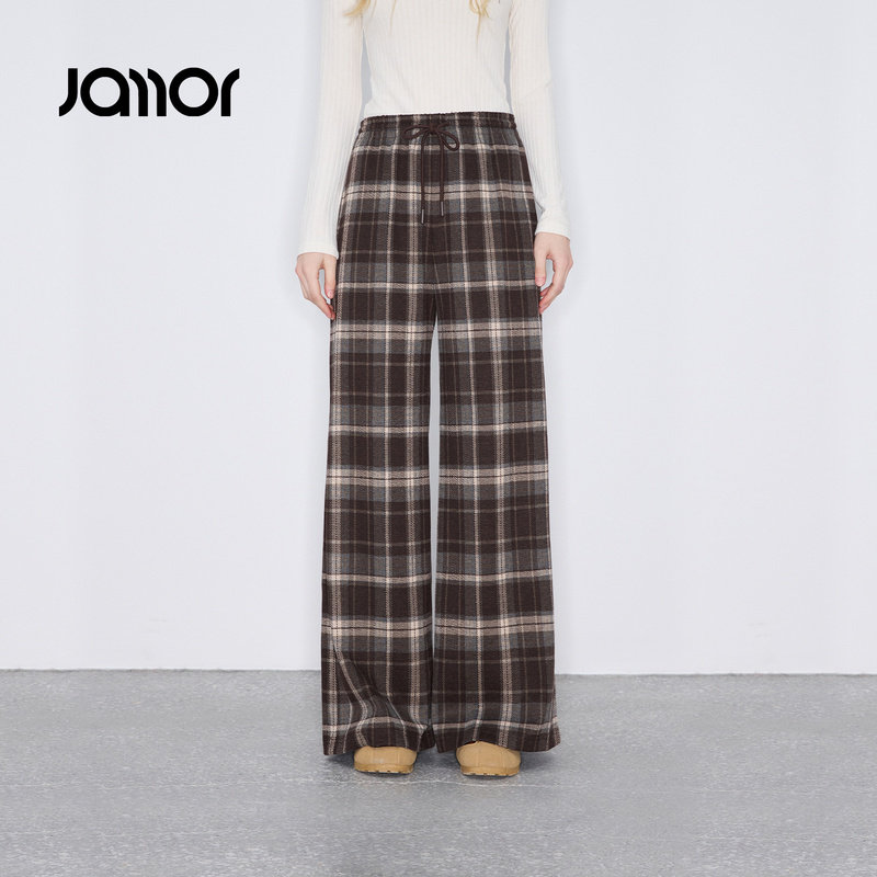 Jamor加墨时尚系绳休闲裤复古格纹直筒阔腿裤子2026春季新款女,女装/女士精品,休闲裤,淘宝优惠券,粉丝福利购,淘宝优惠卷