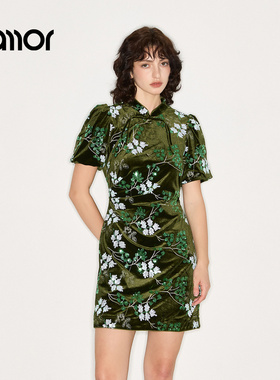 Jamor加墨新中式旗袍裙2025秋冬季新款复古印花裙子气质金丝绒