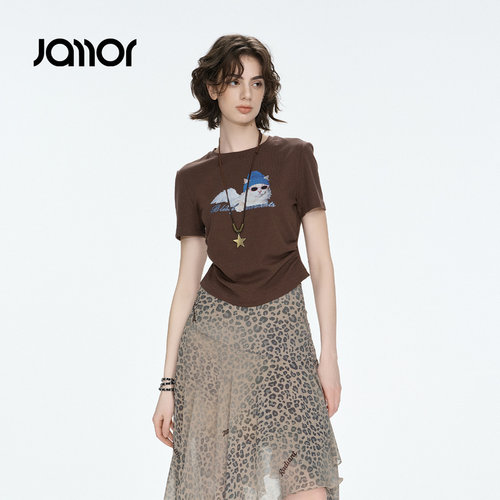 Jamor加墨时尚萌宠短款T恤女装上衣抽褶收腰显瘦好看2026秋季新款