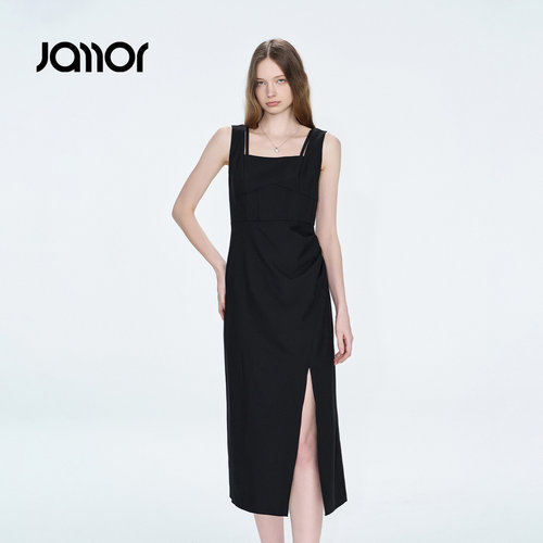 Jamor加墨黑色开叉中长连衣裙子方领无袖优雅气质2026夏季新款