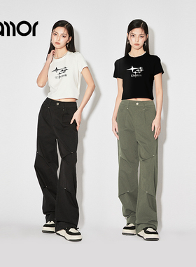 Jamor休闲直筒工装裤女装裤子春新款短款修身短袖T恤