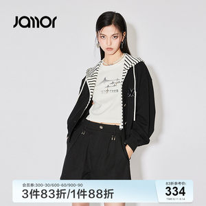 Jamor时尚拼接连帽外套女2024春夏新款学院风休闲上衣加末