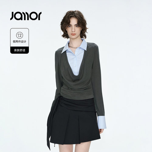 Jamor加墨时尚假两件拼接高智感设计衬衫女士上衣2026秋季新款