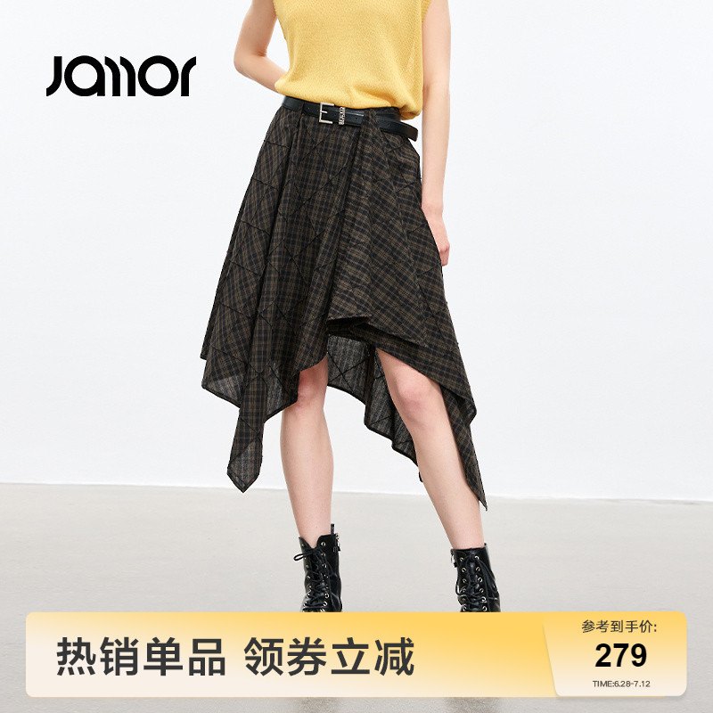 Jamor時尚不規(guī)則辣妹格紋半身裙子中裙2025夏新款學(xué)院風(fēng)短半身裙