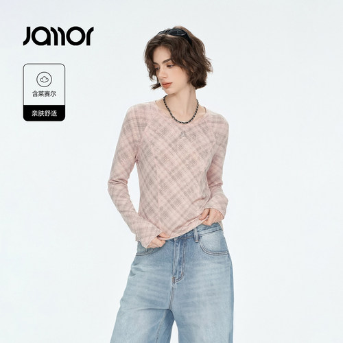 Jamor加墨甜酷经典格纹修身T恤上衣插肩袖少女感2026秋冬季新款