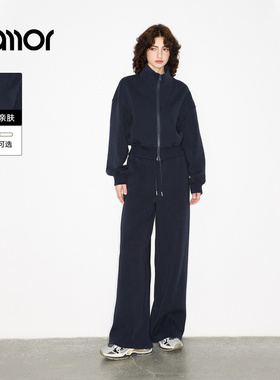 Jamor加墨时尚休闲立领双拉链小外套休闲直筒裤子2025秋冬新款