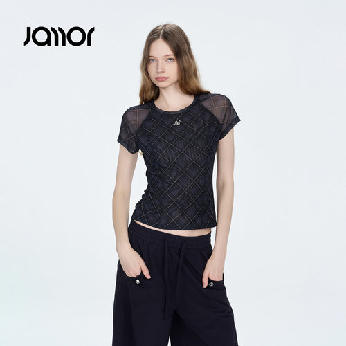Jamor加墨时尚经典格纹短款上衣T恤微透女装好看2026夏季新款