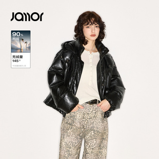 【商场同款】Jamor加墨时尚黑色皮质感羽绒服帅气连帽女2025冬新