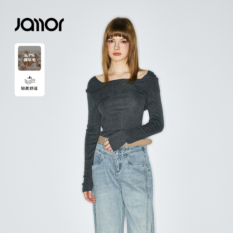 Jamor加墨时尚薄款大领口黑色针织衫套头上衣2025秋冬新款女装