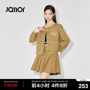 复古学院风加末上衣 Jamor圆领单排扣外套女2024春夏新款 卡其美式