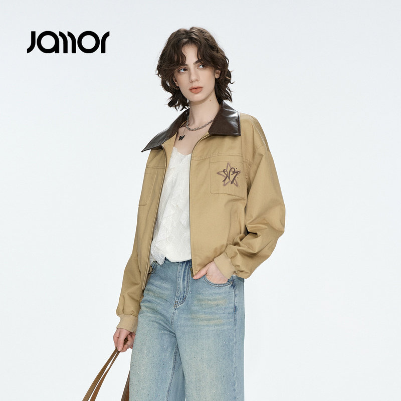 Jamor加墨时尚复古皮质拼接棒球服夹克外套女装上衣2026秋季新款图片