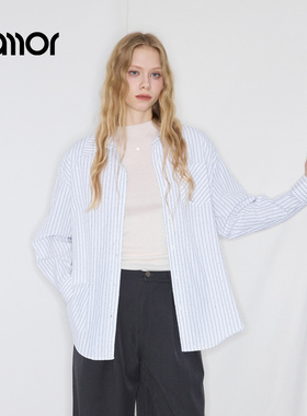 Jamor白色条纹时尚衬衫2024夏季新款带钻设计宽松休闲开衫