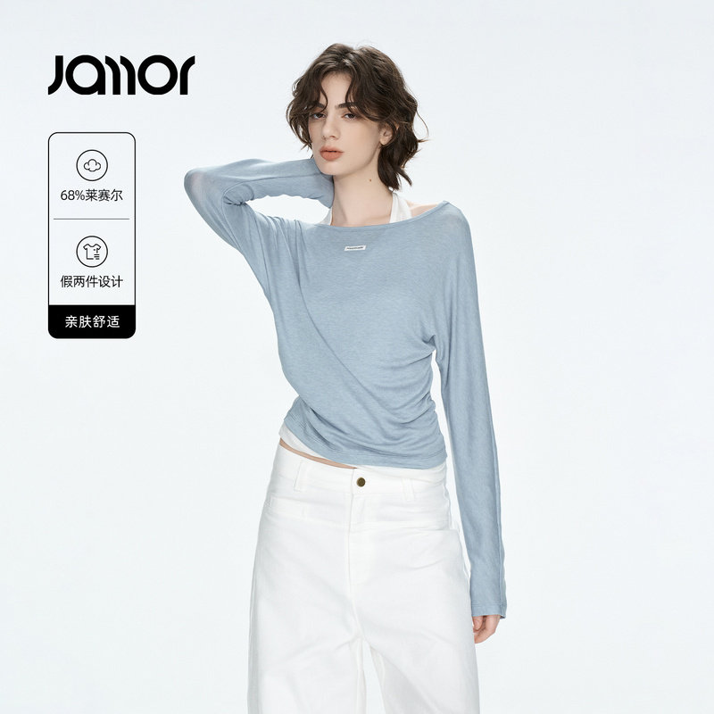 Jamor加墨时尚假两件马卡龙色辣妹潮流T恤上衣女装2026秋季新款