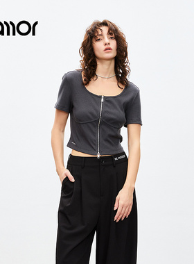 Jamor灰色大圆领短袖T恤2025年春装新款精致短款拉链时尚上衣加墨