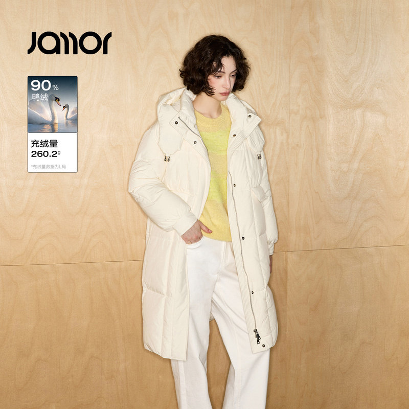 Jamor加墨时尚中长款羽绒服外套白色保暖简约直筒女2025冬季新款
