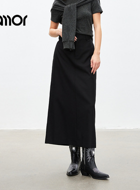 Jamor时尚半身裙子2025年春季新款西装中长款半裙加墨通勤简约