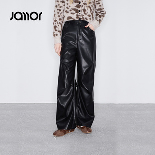 新款 Jamor加墨时尚 潮流帅气2026春季 子休闲裤 女士 皮质感直筒裤