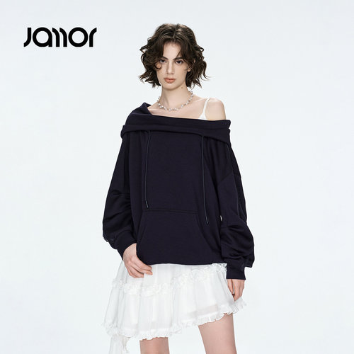 Jamor加墨时尚休闲连帽设计感一字肩潮流好看卫衣上衣女2026秋新