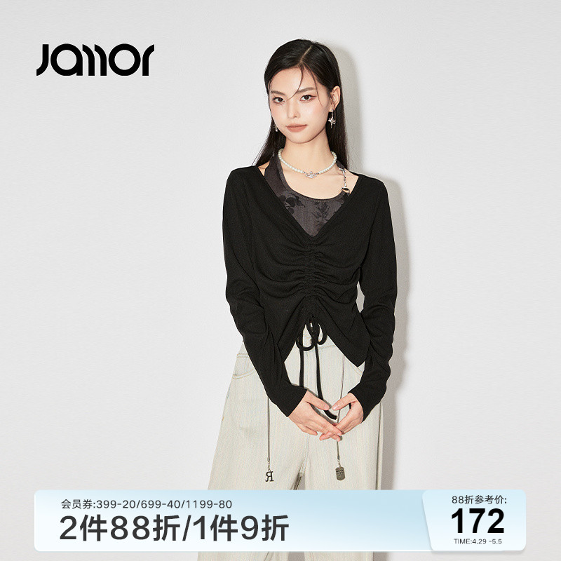 Jamor时尚假两件长袖小衫女2024春夏新款v领辣妹短款上衣显瘦加末 女装/女士精品 T恤 原图主图