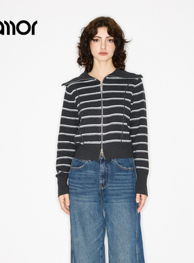 Jamor加墨时尚条纹大翻领针织衫拉链开衫毛衣复古简约2025秋冬新