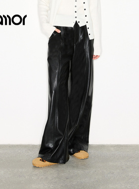 【商场同款】Jamor加墨时尚休闲黑色直筒裤子皮质感帅气2025冬季