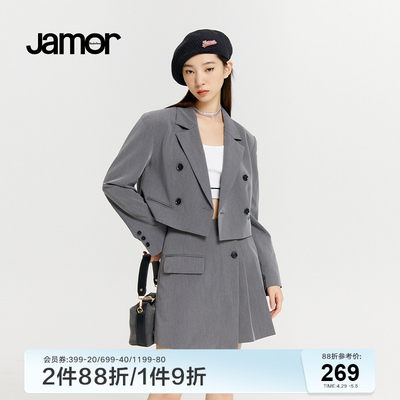 Jamor纯色简约短款西装女春夏新款双排扣灰色百搭休闲外套加末