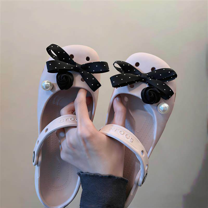 粉芭蕾赫本风鞋花适配crocs卡扣