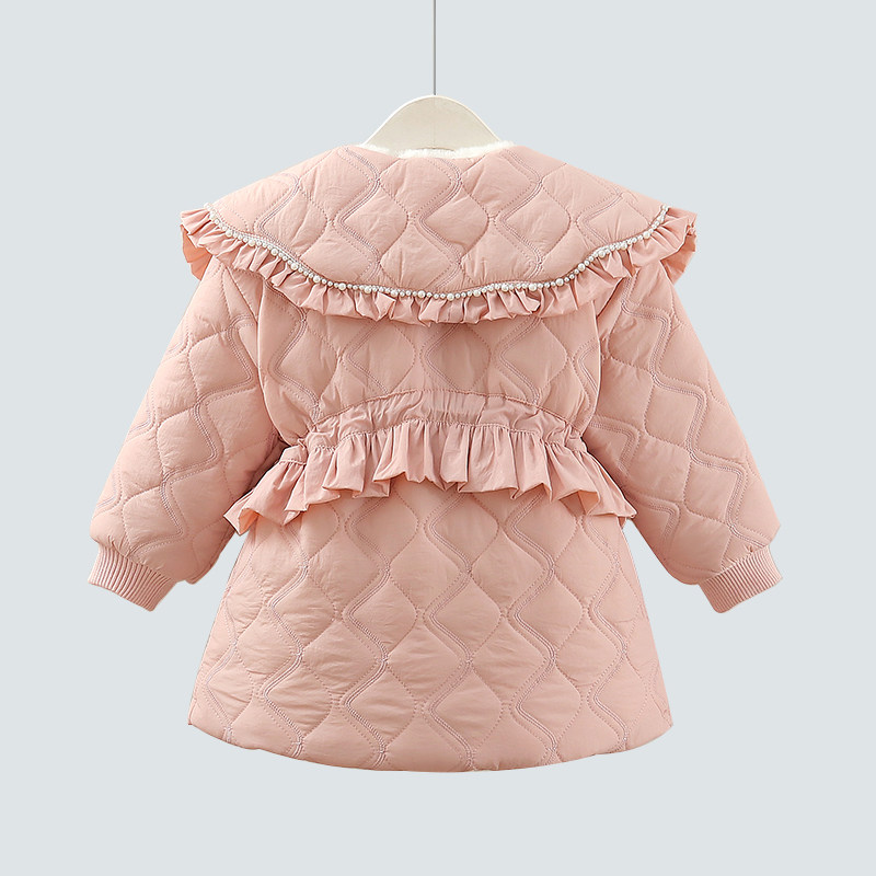 女童加绒轻薄棉服2026儿童中长款娃娃领棉衣女宝宝仿兔毛夹棉外套