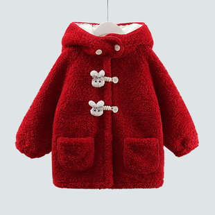 女童加绒外套秋冬款2025新款儿童连帽加厚红色大衣宝宝保暖毛毛衣