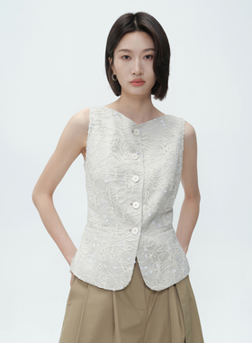 CEMO夏白色 轻奢醋酸提花 新中式网纱合身马甲女外穿