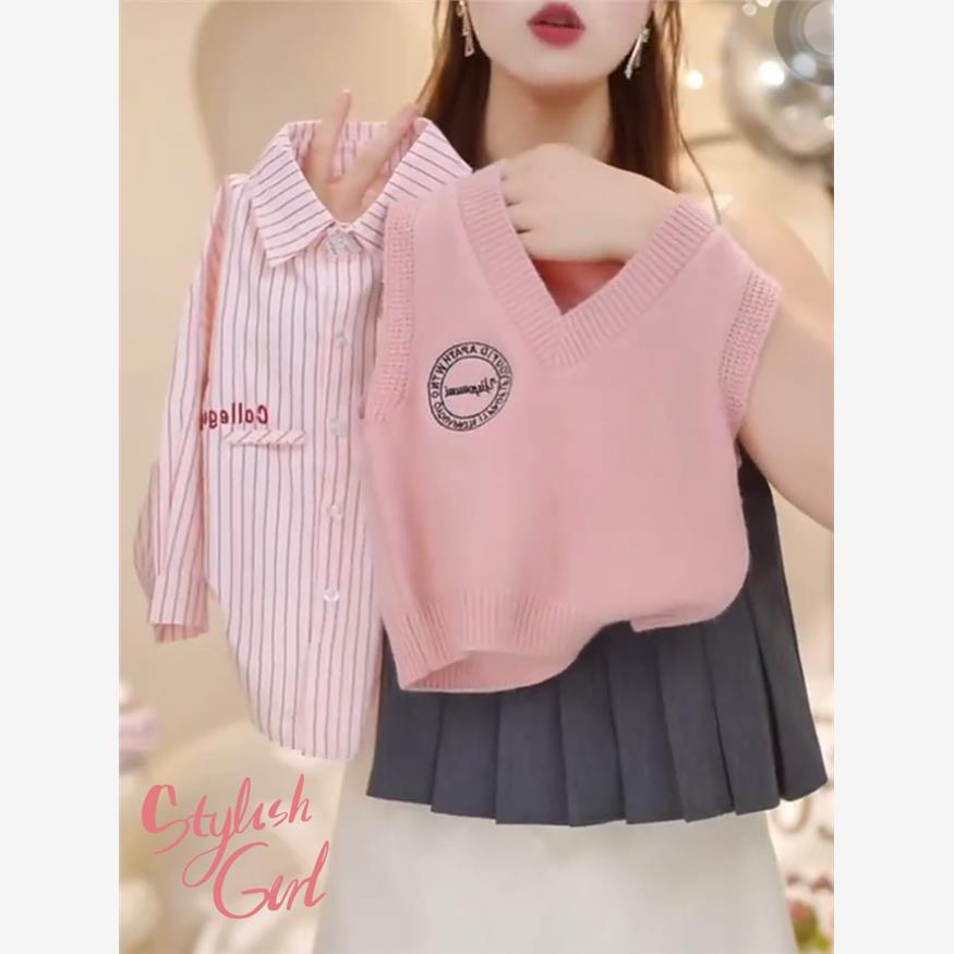 女童学院风条纹衬衫马甲百褶裙三件套2024春秋款jk制服针织衫刺绣