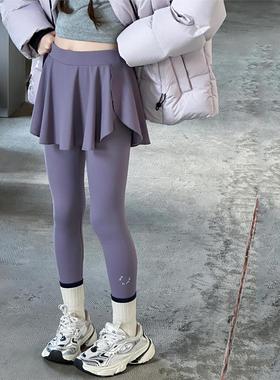 女童紫色假两件打底裤春秋2025新款薄款儿童秋季外穿修身瑜伽裤子