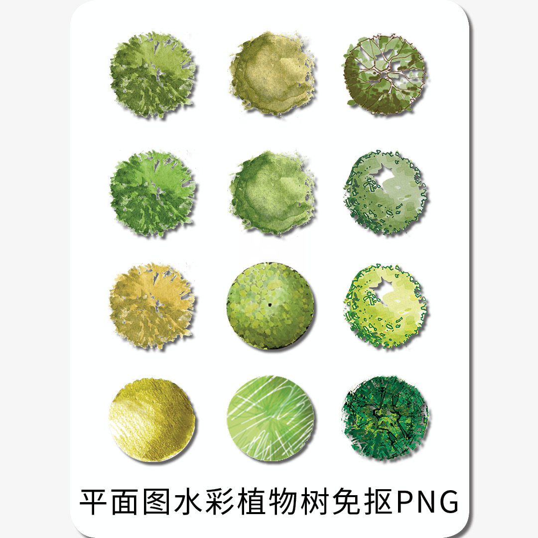 水彩平面树免抠png建筑设计景观设计水彩风格植物平面树psd素材