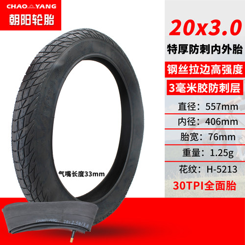朝阳轮胎3毫米防刺层20x3.0内外胎20寸自行车充气轮胎山地车胖胎