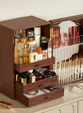 木质化妆品收纳柜桌面防尘梳妆台化妆盒收纳盒大容量护肤品置物架