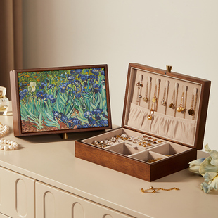 油画首饰盒实木轻奢高档耳环项链收纳盒黄金新婚结婚礼物手饰品盒