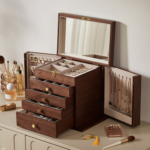 木质带锁首饰盒多层超大容量