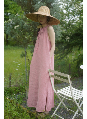 AULDCAT 2024SS 高支重磅亚麻纯色挂脖抽绳连衣裙 双色显瘦连衣裙