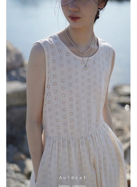AULDCAT 2024SS  纯棉针织露腰连衣长裙 圆领无袖刺绣背心裙