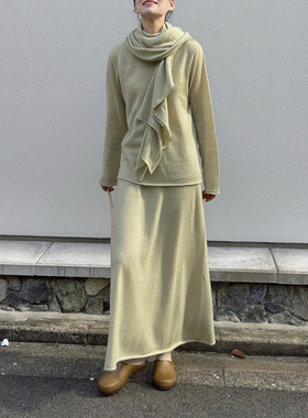 AULDCAT 2025FW 真丝羊绒浅鼠尾草绿色一字领长袖上衣 半裙 围巾