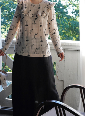 AULDCAT 2025SS 日系棉麻混纺米底黑花刺绣圆领衬衫