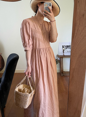 复活！AULDCAT2025SS维多利亚风格蕾丝拼接蔷薇粉短袖连衣裙女夏