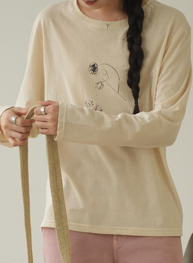 AULDCAT 2024FW 简笔线条印花「浇花的清晨」日系木棉环保长袖T恤