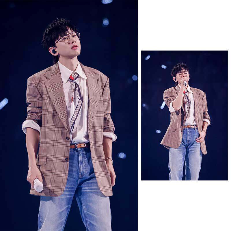 张杰同款春秋卡其格子西装外套日系复古中长款西服时尚休闲外搭潮
