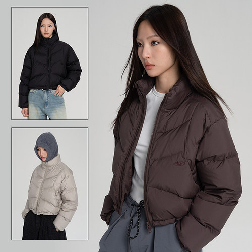 CONTRAFIEND短款90白鸭绒弧线立领羽绒服 绣花LOGO印花保暖外套