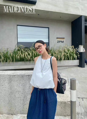 MADEIN OST原创设计2025夏季新款棉质花苞下摆白色上衣背心75896